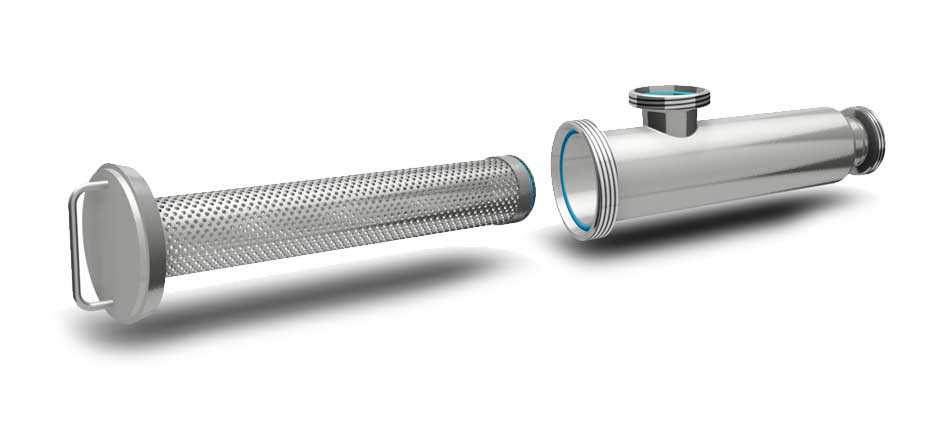 Exploded view of angle-type strainer housing and removable element