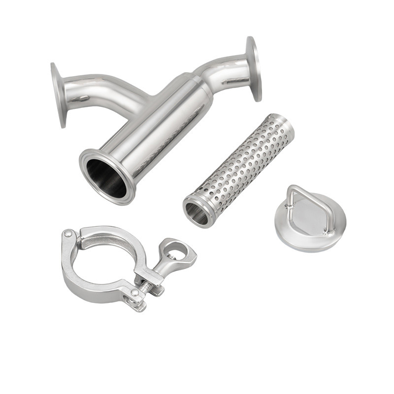 Exploded welded Y-type strainer with perforated element, cover, and clamp